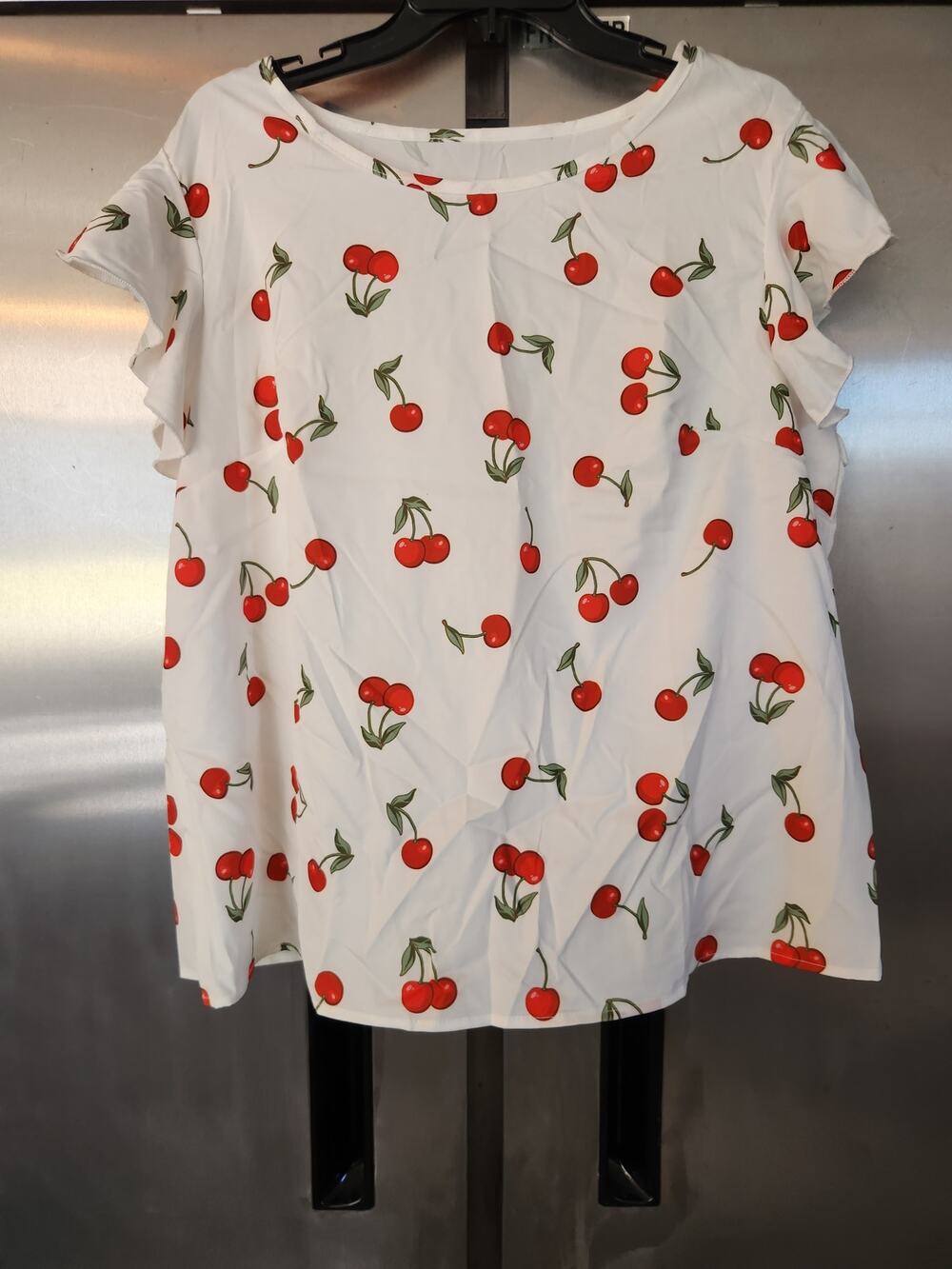 SHEIN Curve Womens Cherry Print Top Plus 0XL | White Red Ruffle Cap Sleeve